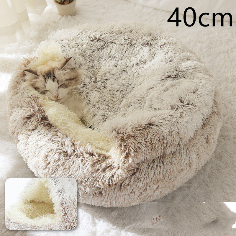 Lit 2 en 1 pour chien et chat - Lit d'hiver rond en peluche chaud pour animaux de compagnie - Lit doux et long en peluche pour animaux de compagnie